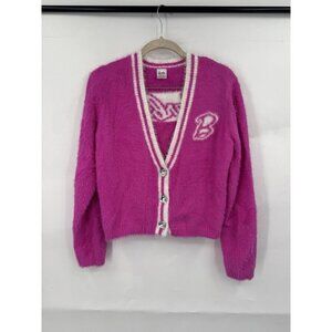Barbie Movie Costume Cardigan Women Small Pink Eyelash Knit Preppy Faux Jewel